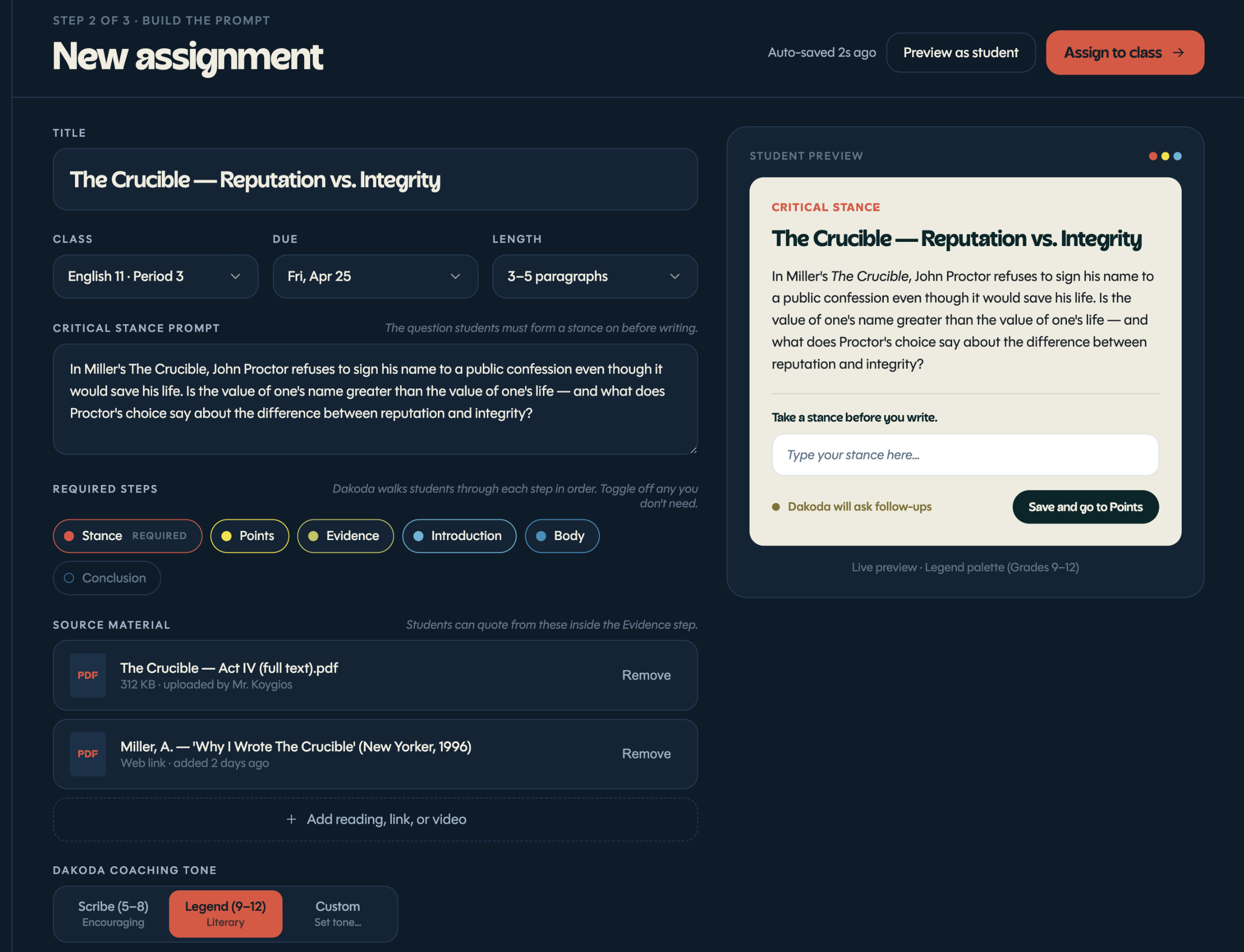 Dakoda class submissions view with per-student progress