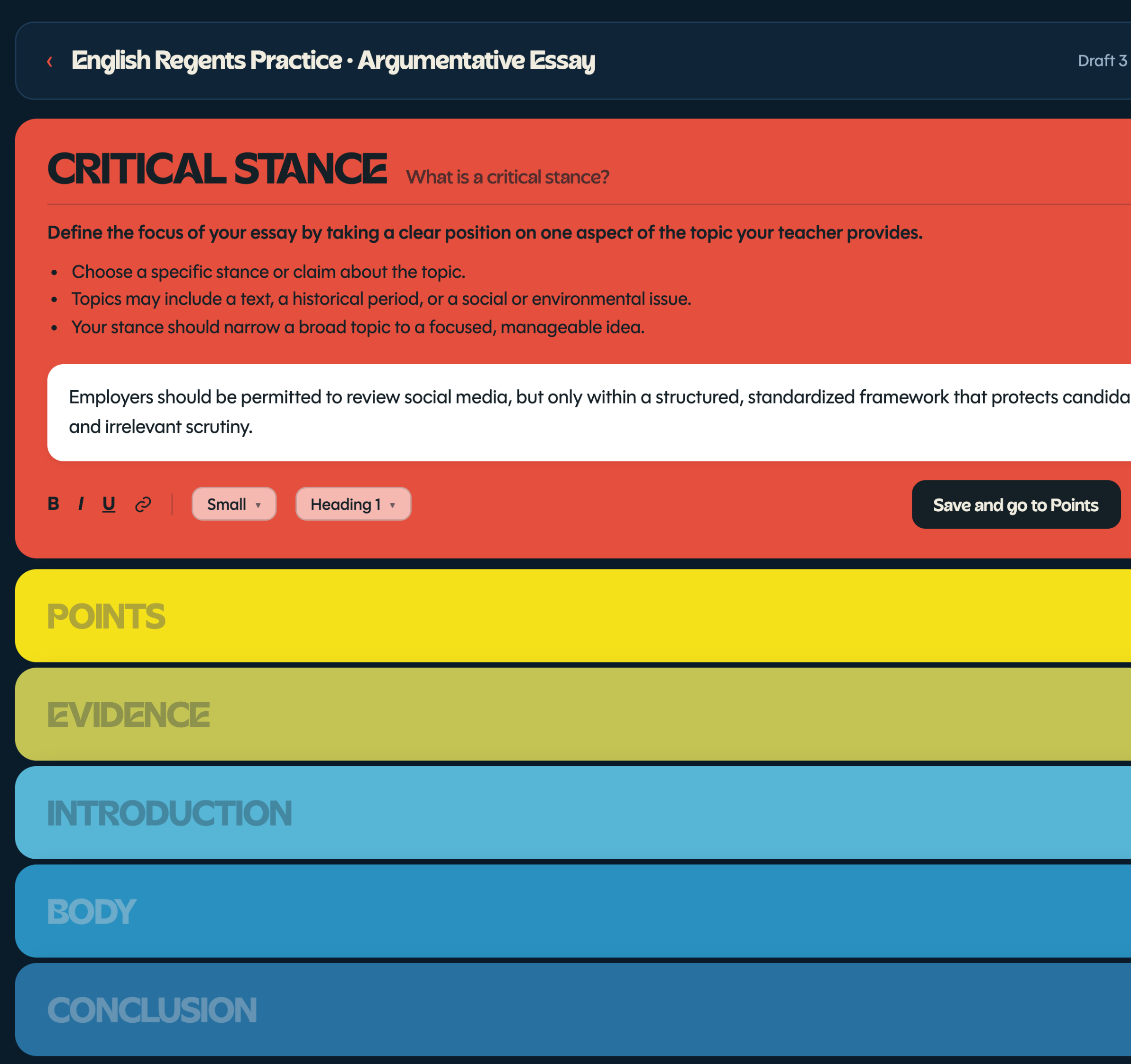 Dakoda navy dashboard - student protocol view with progress per Essay Builder step